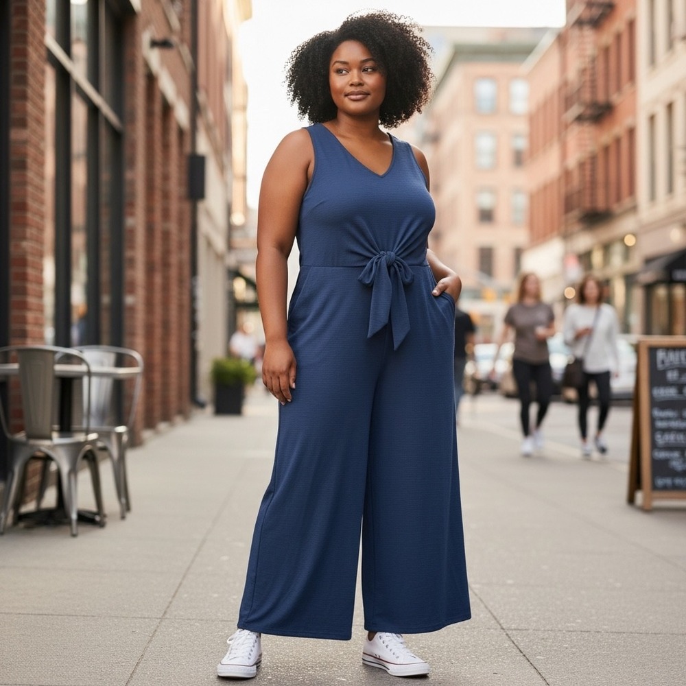 MSK Women Navy Blue Tie Front Wide Leg Jumpsuit Sleeveless V-Neck Plus Size 3X